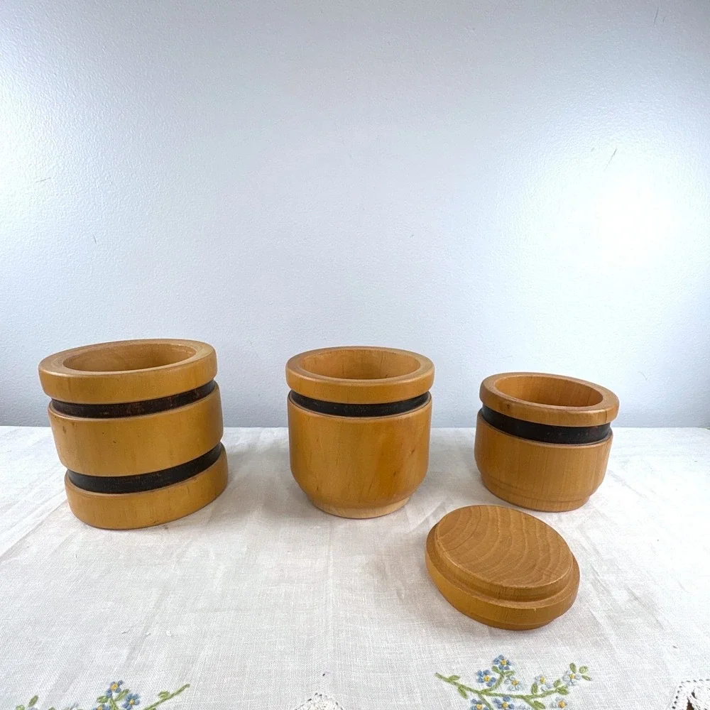 Vintage Sarreid Ltd Spain Hand Turned Wood Stacking Canister Set 3 Nesting Jars